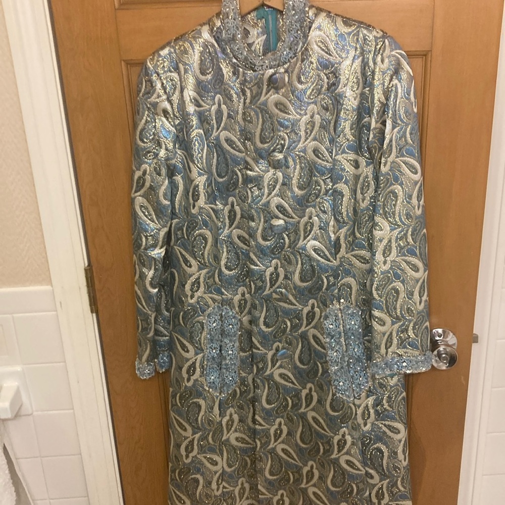 Insane Vintage Blue and Silver Paisley 2 Piece Set, Coat and Dress